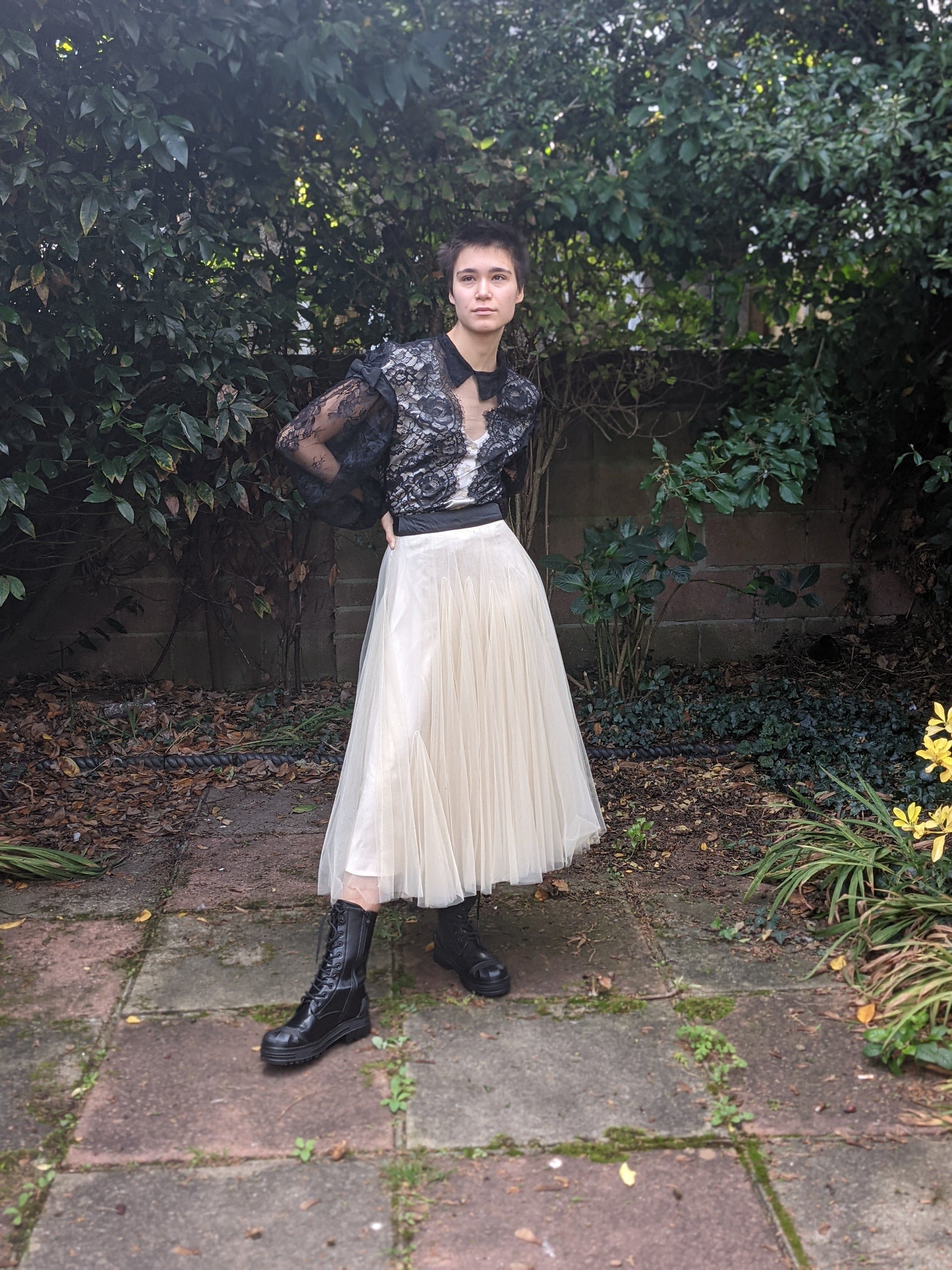 Tulle White Skirt Black Boots Long White Tulle Skirt Lined With Black Lace At The Bottom
